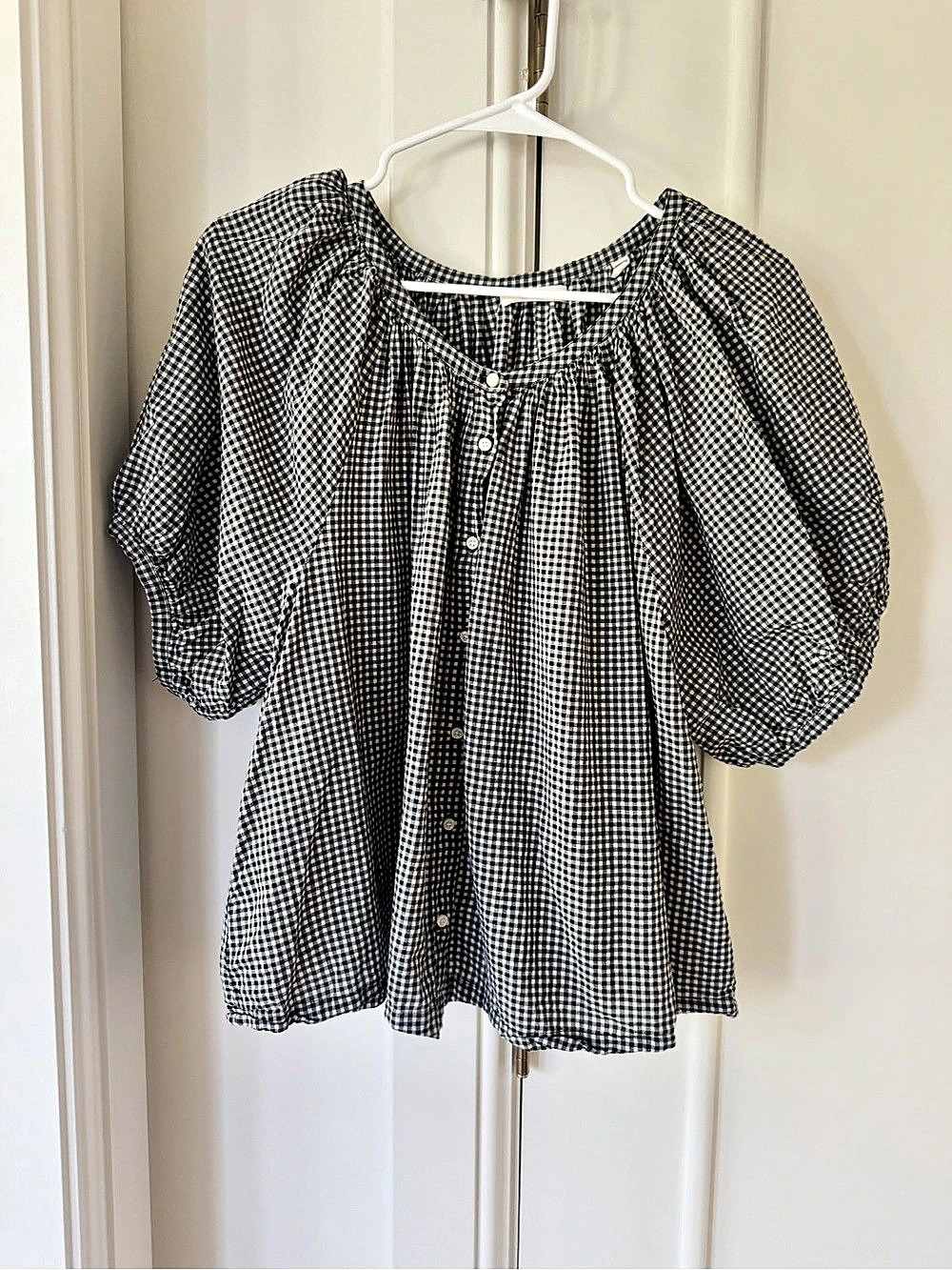 Doen June Top Gingham Puff Sleeve Blouse Black & White Large